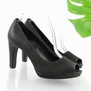 Ecco Womens Okoya Pumps Size 39 8 Black Leather Peep Toe Block Heel Dress Shoes